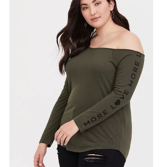 Torrid More Love off the shoulder olive top